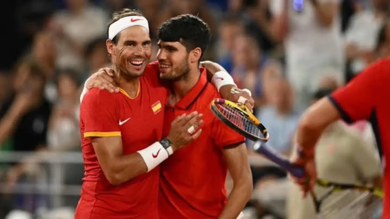 Rafael Nadal and Carlos Alcaraz celebrate Spain’s semifinal win over France Carlos Alcaraz and Rafael Nadal (Pic: AFP)